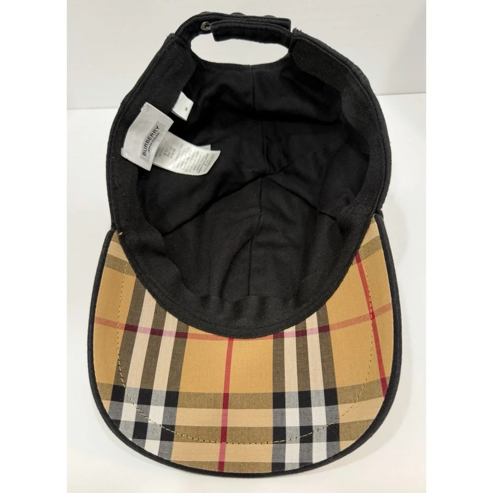 Burberry TB Logo Cotton Baseball Cap Black Checked Brim Mens Medium Hat